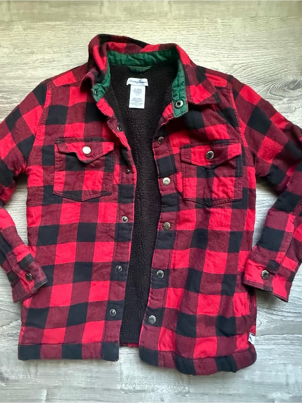 Tommy Bahama Boys Sz 10/12 Sherpa Lined Red & Black Buffalo Flannel Jacket
